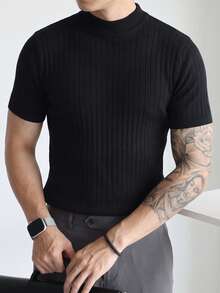 Solid Color Half-High Neck Vertical Stripe Short Sleeve Knit Pullover Top Men's Casual Slim Fit - Black - View 5