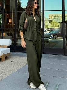 Women's Solid Color Long Sleeve Lapel Drawstring Design Casual Loose Top + Elastic Waist Wide Leg Pants, Women's Autumn Clothing, Back To School Season - Army Green - View 1