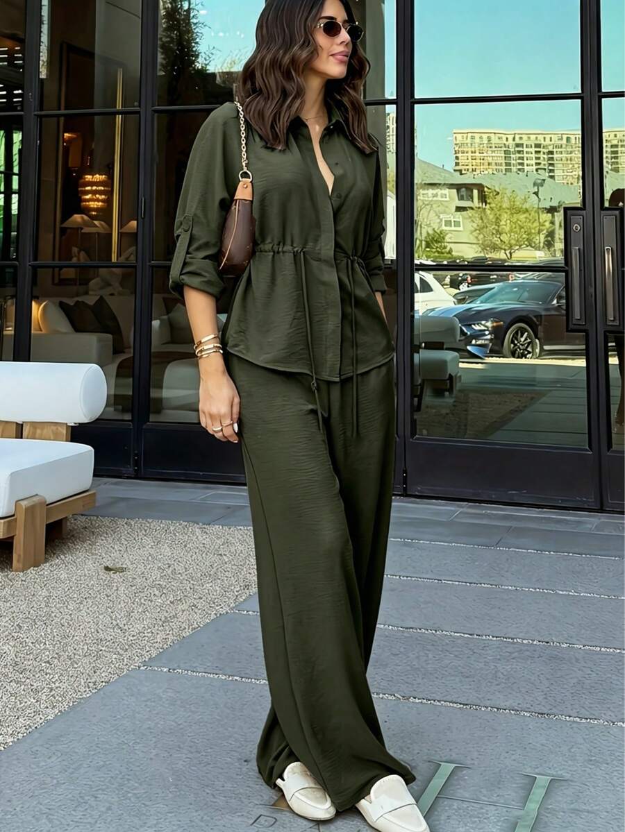 Women's Solid Color Long Sleeve Lapel Drawstring Design Casual Loose Top + Elastic Waist Wide Leg Pants, Women's Autumn Clothing, Back To School Season - Army Green - View 1