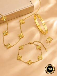 VceTd 1/3/4PCS Fashion Four-Leaf Clover Element Stainless Steel Women's Jewelry Set, Suitable For Daily Wear Or Holiday Gift - Yellow Gold - View 1