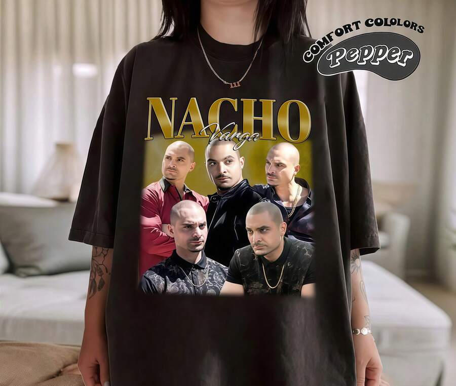 Black Collage T-Shirt With Nacho Varga Portraits, Gradient Metallic Gold Letters On A Warm Yellow Background, Short Sleeves, Round Neck, Unisex, Vintage 90s Style - Black - View 1