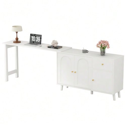 Multifunctional 2-In-1 Desk And Sideboard – 360° Rotatable, 3 Doors, 1 Drawer – Elegant Computer Desk, Corner Desk, Dressing Table, Writing Desk, Sideboard