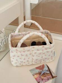 Rose Small Storage Basket With Gentle Floral Quilted Design, 2-Color Lining Options, For Bedroom, Dorm, Cosmetics, Skincare, Small Items, Clutter, Desktop Organization Storage - Multicolor - View 9