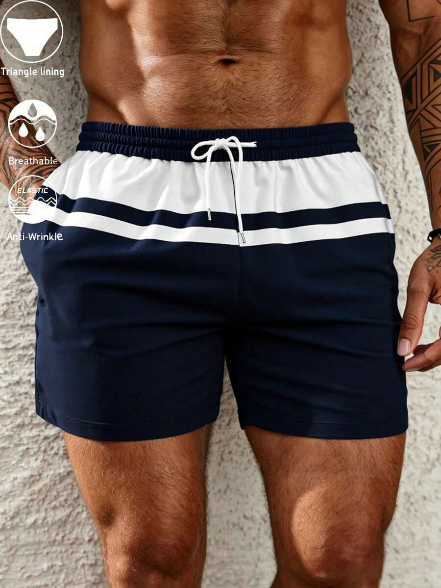 Men's Color-Block Swim Trunks (Red, White, And Navy Stripes; With Built-In Brief Liner)