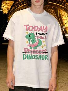 Camicia estiva casual da uomo con scollo rotondo e maniche corte, morbida, con stampa grafica carina di dinosauro principessa, adatta per uso casual quotidiano.Bianco - Bianco - Visualizzare 1