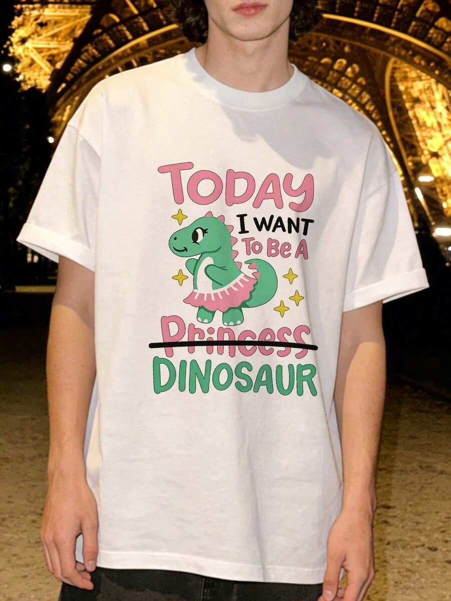 Camicia estiva casual da uomo con scollo rotondo e maniche corte, morbida, con stampa grafica carina di dinosauro principessa, adatta per uso casual quotidiano.Bianco - Bianco - Visualizzare 1