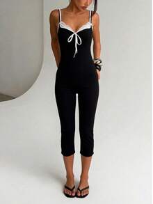 Women's Front Tie Casual Contrast Color Jumpsuit, Summer Black Elegant - Black - View 4