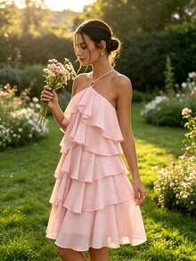 QIANZHIDU Spring/Summer Light Pink Solid Color Halter Neck Ring Tie Multi-Layer Ruffle Waist-Cinching Asymmetrical A-Line Dress, Suitable For Birthday Party, Beach Vacation, Street Outing, Date Afternoon Tea - Pink - View 3