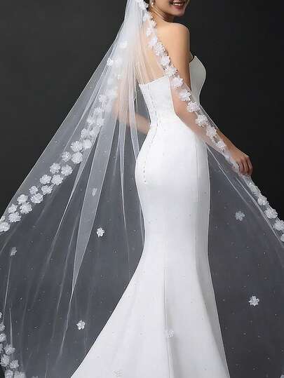 3D Floral Rhinestone Embellished Long Cathedral Soft Tulle Bridal Veil With Comb