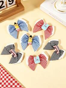 2/6pcs Plaid Print Double Layer Bow Hair Clips, Cute Cartoon School Style Hair Accessories, Suitable For School And After School Wear, Gift Choice For Back To School And Graduation Season - Multicolor - View 3
