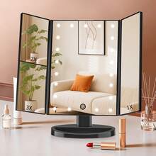 FASCINATE Espejo de maquillaje iluminado con aumento de 2X/3X, espejo de tocador triple con luces, atenuación táctil de 21 LED, espejo de mesa de belleza iluminado con rotación de 180° y doble potencia, espejo de maquillaje con iluminación. - Negro - Ver 1