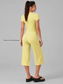 Sodalemon Women's Fitness Training Set, Round Neck Short Sleeve Yoga T-Shirt + Wide Leg Capri Pants, Solid Color Elastic Ankle-Length Pants, 2-Piece Set - Yellow - View 2