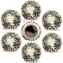 (Tree Toppers) 6pcs Holiday Coasters Set, Christmas Tree & Berry Design, Heat-Resistant Coffee & Hot Drink Mats, Suitable For Holiday Decor And Housewarming Gifts - Multicolor - View 1