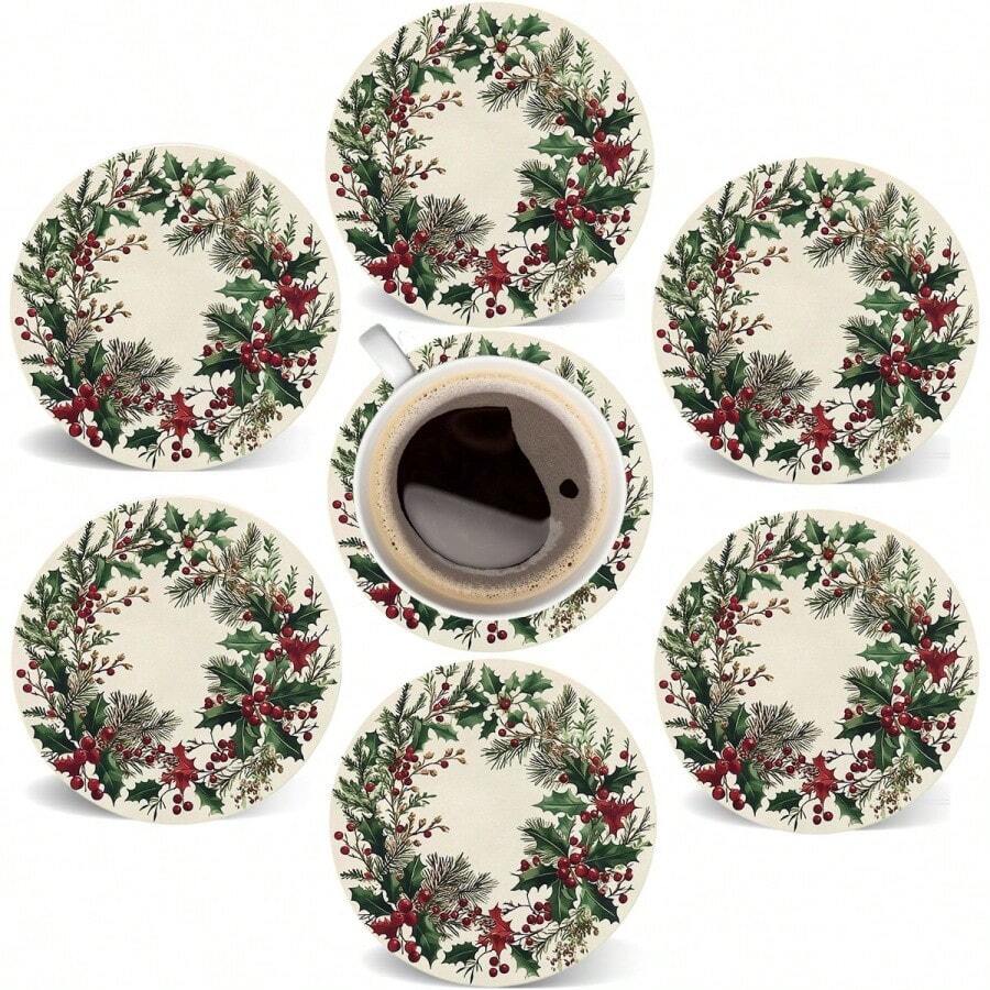 (Tree Toppers) 6pcs Holiday Coasters Set, Christmas Tree & Berry Design, Heat-Resistant Coffee & Hot Drink Mats, Suitable For Holiday Decor And Housewarming Gifts - Multicolor - View 1