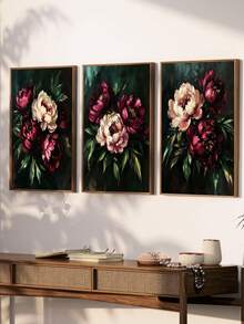 3pcs Vintage Melancholy Floral Wall Art, Dark Botanical Peony Art, Dark Academia Floral Wall Decor, Pink Peony Print, Soft Pink Floral Painting, Abstract Floral Poster, Personalized Home Decor Canvas Poster, Christmas Decoration, Christmas Gift, Framed/Unframed - Flower - View 4