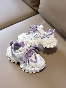 1 Pair Kids Colorblock Mesh Chunky Sneakers, Breathable Non-Stuffy, Round Toe Mid-Top Hook & Loop Lace-Up, Thick Sole Height-Increasing, Versatile Back-To-School Campus Shoes - Purple - View 3