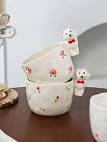 Creative Bear Handle Ceramic Mug, Hand-Painted Rose Flower Asymmetrical Hand-Molded Cup, Home Breakfast Oatmeal Coffee Water Cup, Girly Gift Cup, Souvenir Gift - Multicolor - View 4