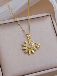 18K PVD Gold Plated Brass Micro-Inlaid AAA Grade Transparent Zirconia Multi-Color Handmade Crystal Daisy Bee Pendant Adjustable Clavicle Necklace Hypoallergenic - Gold - View 3