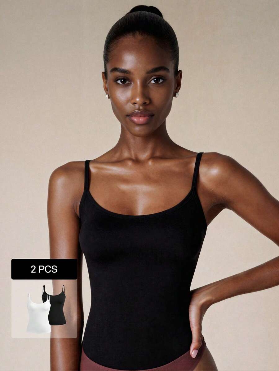 Veilyse 2pcs Camisole With Built-In Bra, Adjustable Straps, Solid Color For Women, Workout