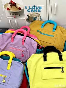 Dopamine Color Block Large Capacity Travel Bag, Lightweight Nylon Weekend Tote Bag With Detachable Shoulder Strap, Multi-Pocket Gym Overnight Travel Bag - Multicolor - View 10