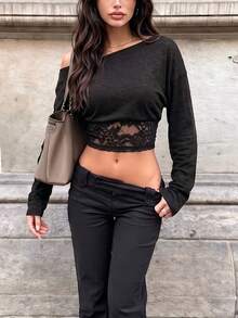 女款優雅秋季通勤黑色不對稱肩蕾絲拼接上衣,適合日常穿著、外出、度假、返校、辦公通勤 - 黑色 - 查看 3