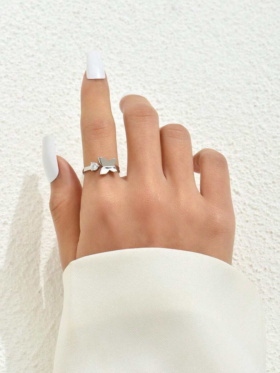 1件可調節開口心形戒指,簡約銅質鑲鋯石,女款珠寶飾品 - 銀色 - 查看 1