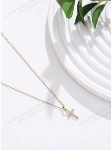 1pc Regular Chain Cross Pendant Necklace, Fashionable Gold Pendant Collarbone Chain - Golden Cross - View 3