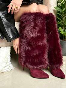 Furry Fluffy Knee High Boots For Women Faux Fur Winter Snow Boots Pointed Toe Stiletto High Heels Sexy Warm Shoes Christmas Party - 酒紅色絨面革 - 查看 10