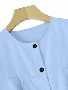 Women's Solid Color Cuffed Sleeve Single-Breasted Casual Shirt, 2026 New Arrival Spring Fall - Blue - View 7