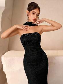 Elegant Women's Black Sleeveless Beaded Lace Mermaid Dress, With Zipper, Long Formal Evening Gown Wedding Party - Black - View 2