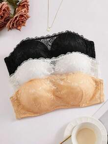3pcs Women's Strapless Bra, European And American Style, Anti-Slip Detachable Straps, Lace Bandeau, Off-Shoulder Top Inner Wear, Women's Lingerie Bra - Multicolor - View 5