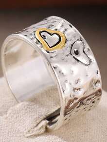 DIYCCPC Bague large en forme de cœur bicolore pour femmes, accessoire quotidien multifonctionnel à texture martelée faite à la main, cadeau de vacances parfait - Argent - Voir 12