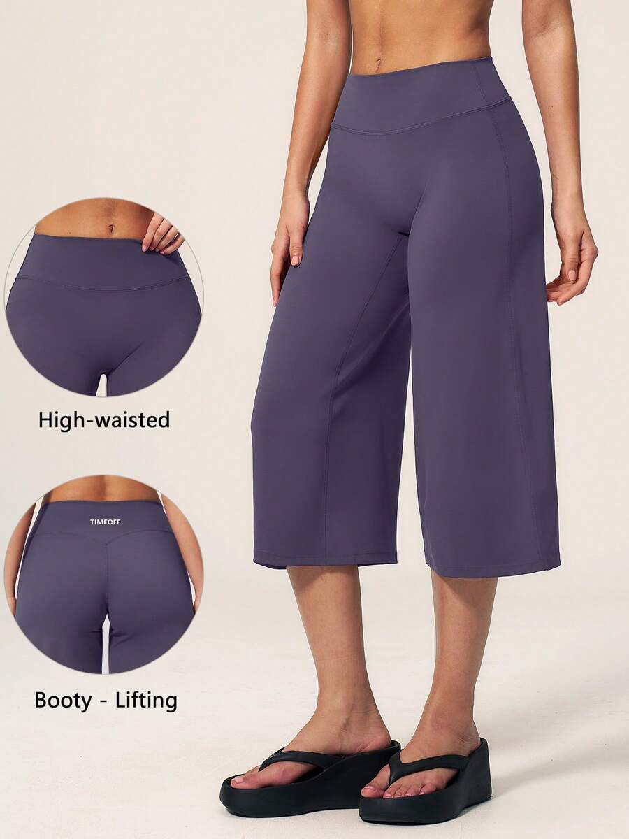TimeOff Women's 1pc Solid Color Tummy Control Wide Leg Mid-Calf Sports Pants - Purple - View 1