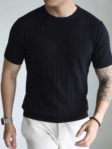 Black 3D Vertical Striped Short Sleeve Knit Sweater For Men, Ribbed Texture Crew Neck Design, Mature Business Casual Basic Top - Black - View 6