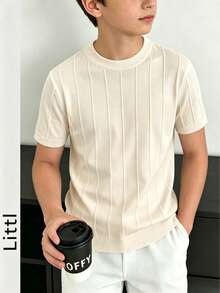 Kaos Rajut Lengan Pendek Bergaris Vertikal untuk Anak Laki-laki, Kerah Bulat, Potongan Slim Fit, Atasan Rajut Dasar, Warna Polos, Atasan Kasual Musim Panas untuk Anak-anak, Cocok untuk Pemakaian Sehari-hari - Aprikot - View 9