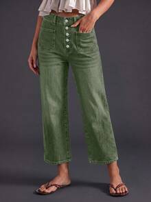 New Women's Loose Elastic Waist Denim Capri Pants Casual Spring - Army Green - View 1