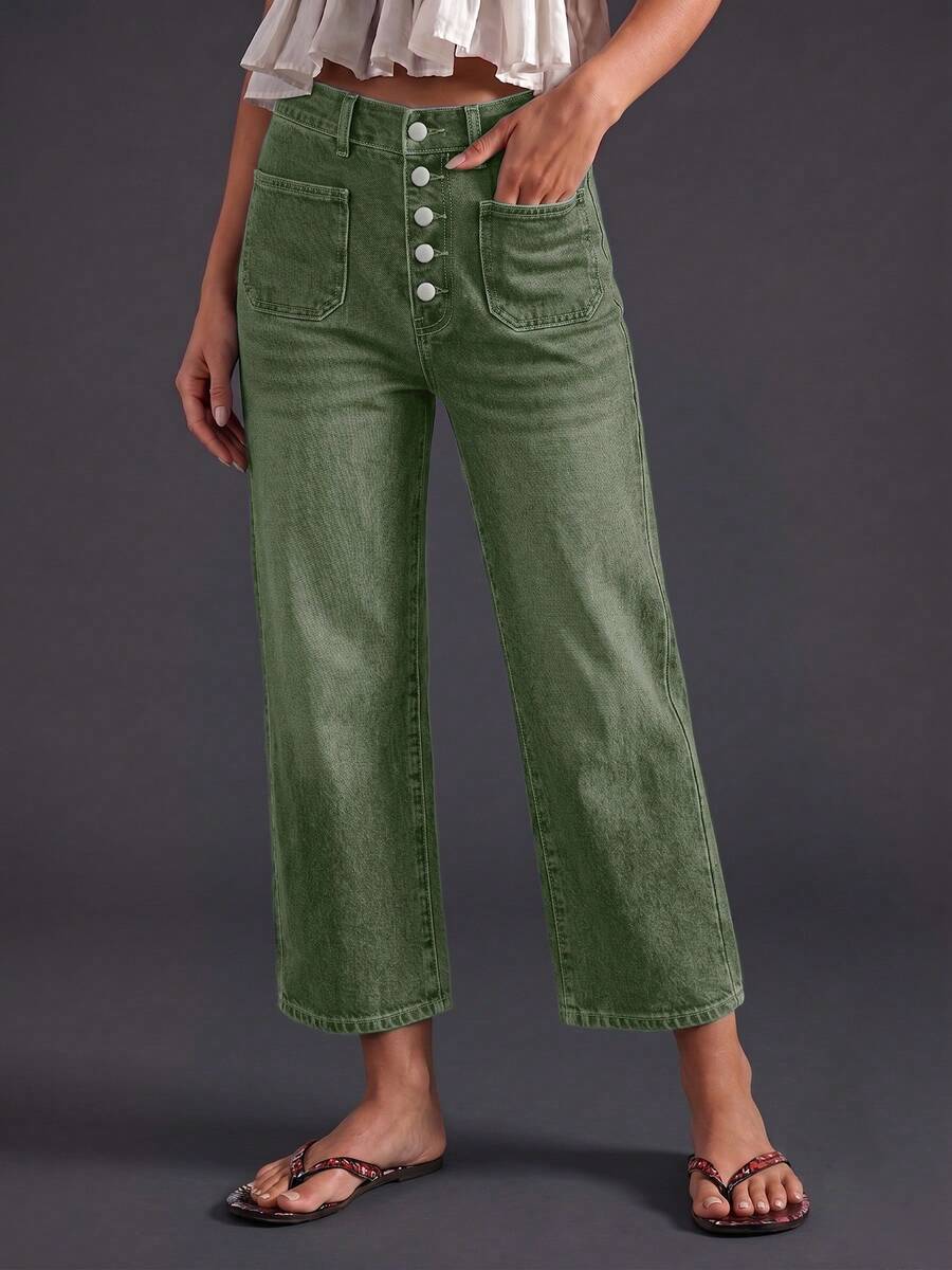 New Women's Loose Elastic Waist Denim Capri Pants Casual Spring - Army Green - View 1