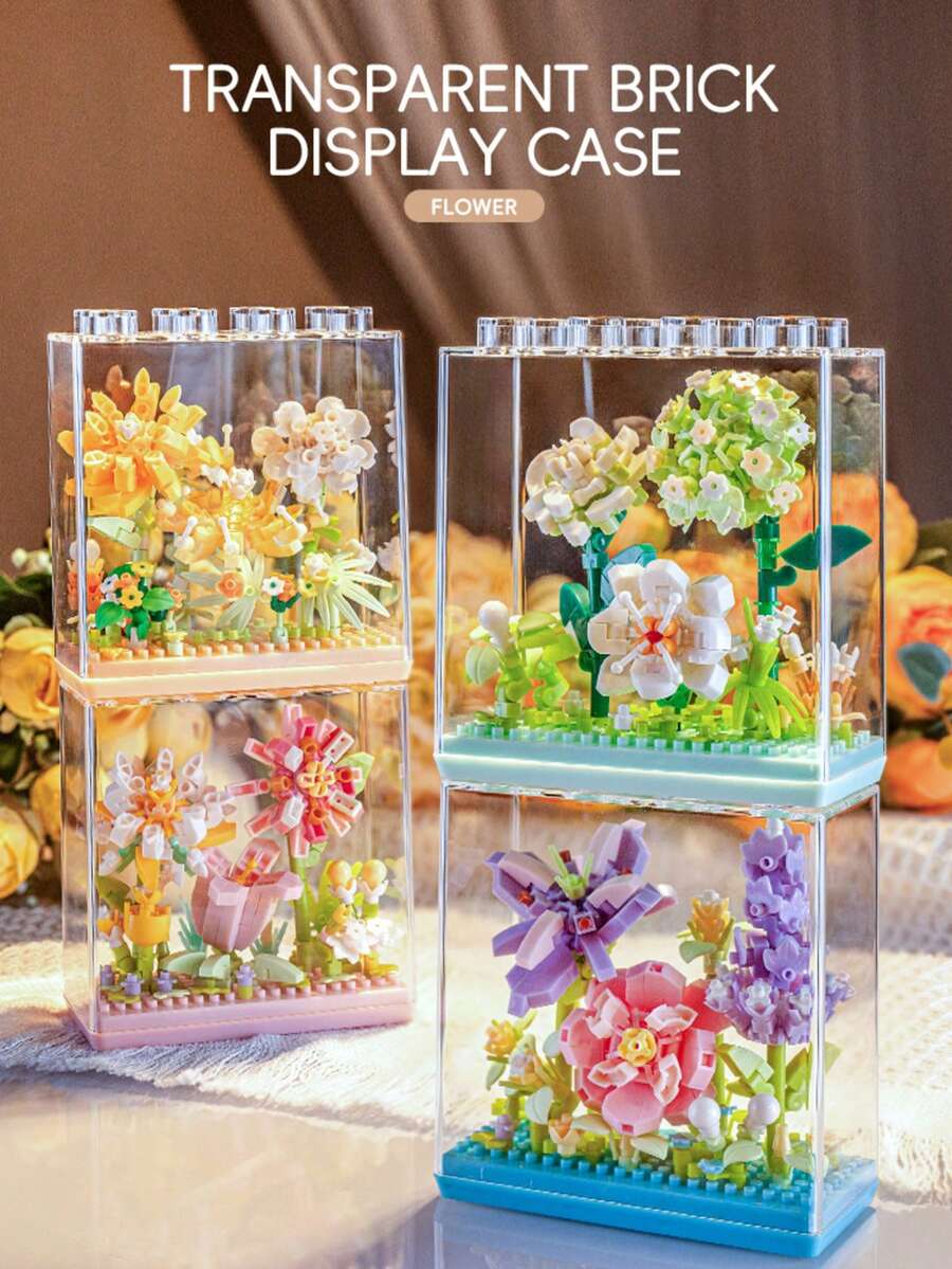 Transparent Building Block Display Cover For Eternal Flowers, Home Decor, Desktop Puzzle Toy Gift - Multicolor - View 1
