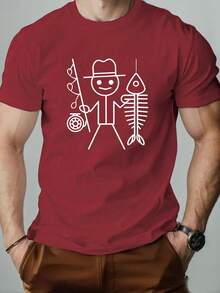 Men's Short-Sleeved Casual Summer T-Shirt With A Stickman Holding A Fishing Rod Pattern T Shirt - 黑色 - 查看 10