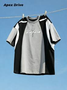 1pc Men's Colorblock T-Shirt, Abstract Graphic Print Short Sleeve T-Shirt, Grey And Black Colorblock, Creative Letter Vintage Sports Style Short Sleeve - Multicolor - View 1
