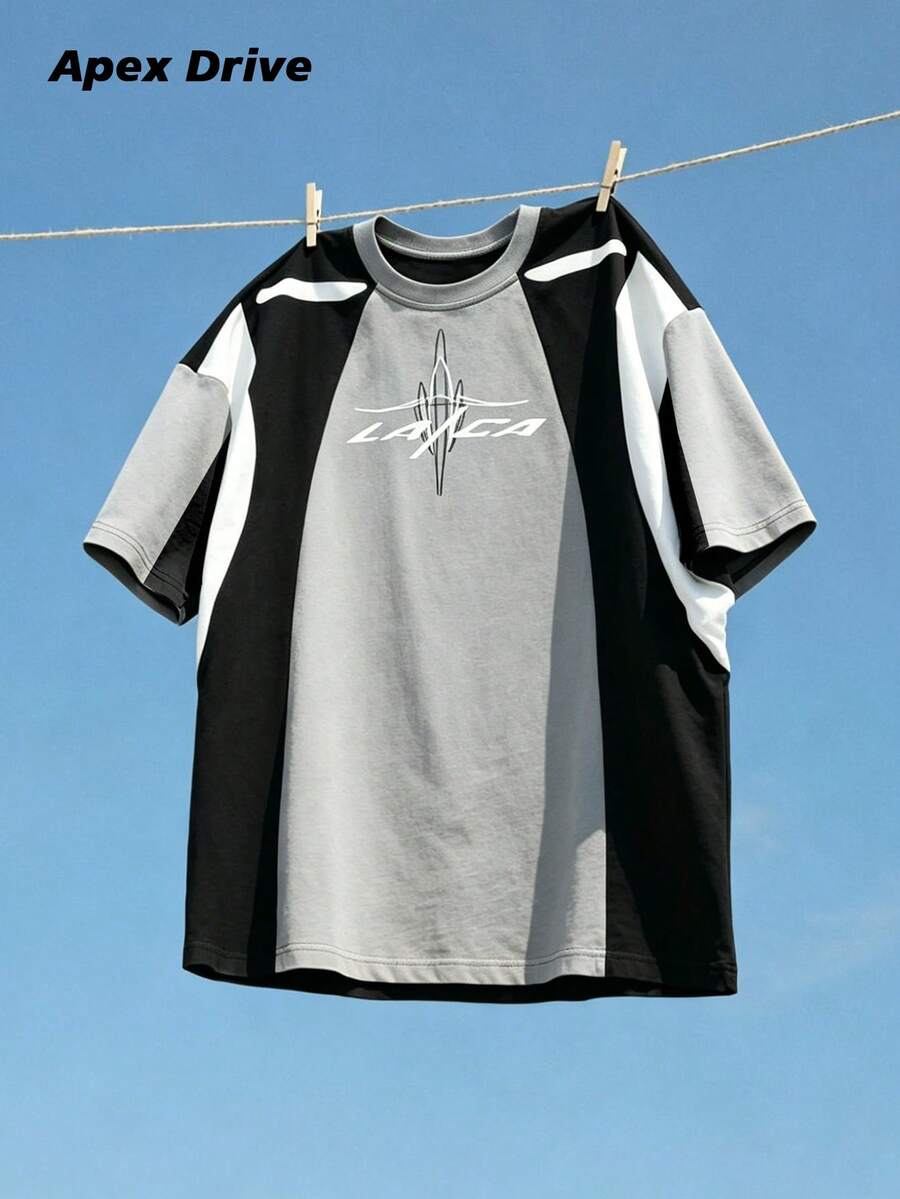 1pc Men's Colorblock T-Shirt, Abstract Graphic Print Short Sleeve T-Shirt, Grey And Black Colorblock, Creative Letter Vintage Sports Style Short Sleeve - Multicolor - View 1