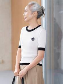 女款時尚對比飾邊針織T恤，修身羅紋短袖上衣，適合萬聖節、感恩節、聖誕節節日穿搭 - 白色 - 查看 3