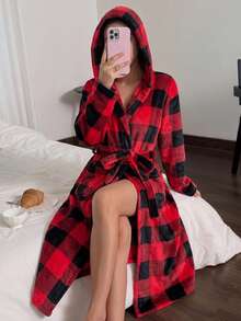 Autumn/Winter Fashion Red & Black Plaid Plush Women's Hooded Loungewear Robe - Red - View 1