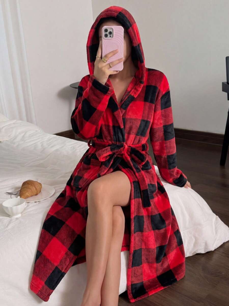 Autumn/Winter Fashion Red & Black Plaid Plush Women's Hooded Loungewear Robe - Red - View 1