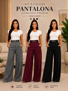 Set Of 3 Women's Tailored Trousers With Belt - 黑色 - 灰色 - 酒紅色 - 查看 5