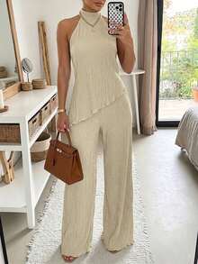 ChicMe Womens Textured 2 Piece Outfits Halter Neck Backless Sleeveless Asymmetric Top With High Waist Wide Leg Pants Set Sexy Date Party Cocktail Outfits - Apricot - View 6