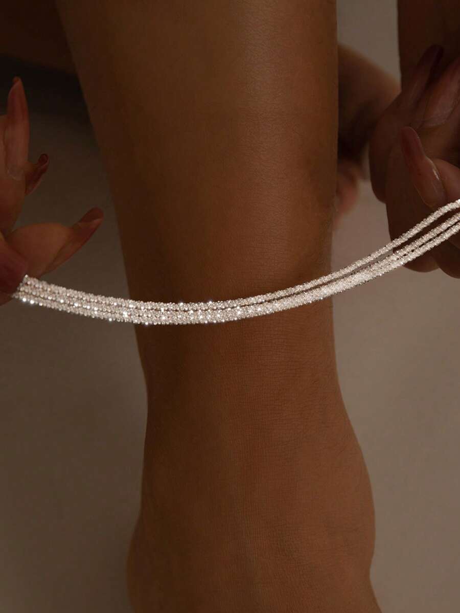 1pc Fashionable Creative Minimalist Elegant Micro-Inlaid Rhinestone Tassel Pendant Anklet Suitable For Women's Daily, Vacation, Party Wear - Silver - View 1