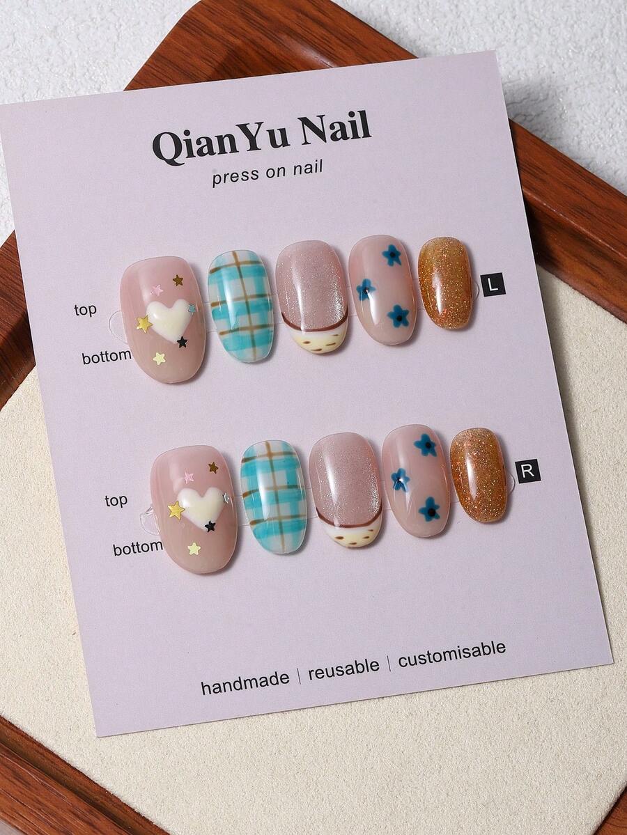 10pcs/Set Handmade Press-On Nails, Short Oval Shape, Country Plaid Pattern, Color Block French Style, Y2K Hand-Painted Heart & Flower Design, Includes 1pc Gel Glue And 1pc Nail File, Suitable For Daily Wear And Party - Multicolor - View 1