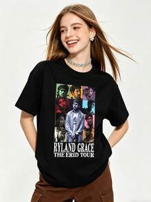 Women's Summer Casual Soft Round Neck Short Sleeve-Shirt |   Ryland Grace,ERID,Project Hail Mary | Tops Going Out,European And American - Black - View 1