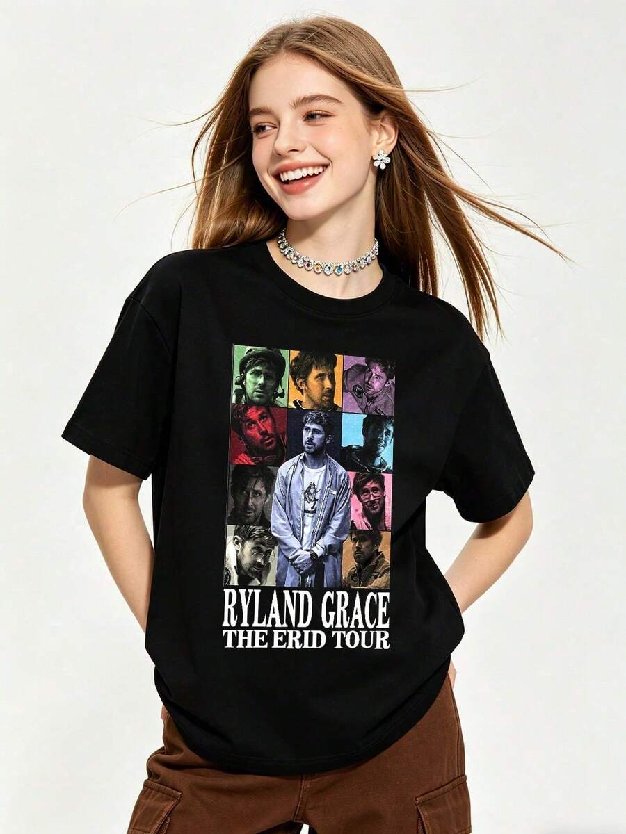 Women's Summer Casual Soft Round Neck Short Sleeve-Shirt |   Ryland Grace,ERID,Project Hail Mary | Tops Going Out,European And American - Black - View 1
